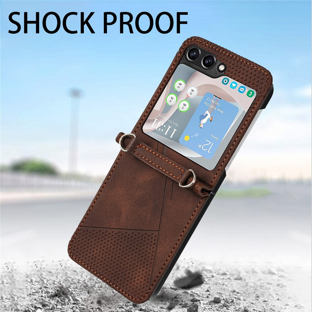 For Samsung Galaxy Z Flip7 FE 5G / Z Flip6 5G / Z Flip5 5G Case Triangle Patterns PU Leather Hard PC Crossbody Phone Cover - Brown