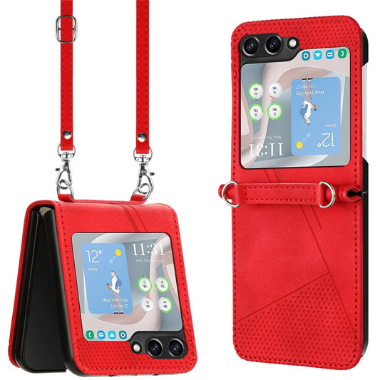 For Samsung Galaxy Z Flip7 FE 5G / Z Flip6 5G / Z Flip5 5G Case Triangle Patterns PU Leather Hard PC Crossbody Phone Cover - Red