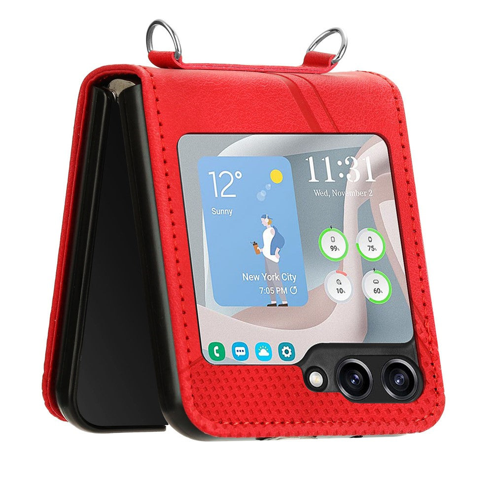 For Samsung Galaxy Z Flip7 FE 5G / Z Flip6 5G / Z Flip5 5G Case Triangle Patterns PU Leather Hard PC Crossbody Phone Cover - Red