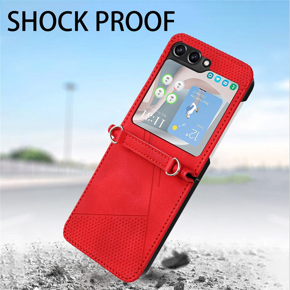 For Samsung Galaxy Z Flip7 FE 5G / Z Flip6 5G / Z Flip5 5G Case Triangle Patterns PU Leather Hard PC Crossbody Phone Cover - Red