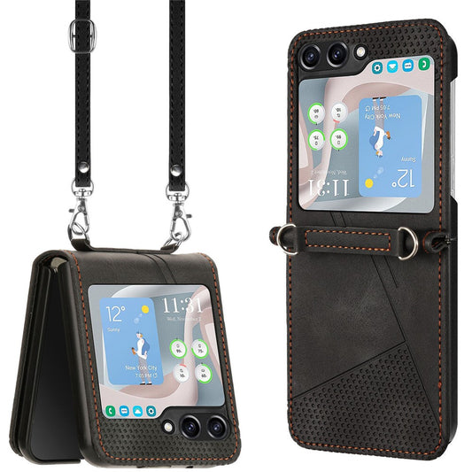For Samsung Galaxy Z Flip7 FE 5G / Z Flip6 5G / Z Flip5 5G Case Triangle Patterns PU Leather Hard PC Crossbody Phone Cover - Black