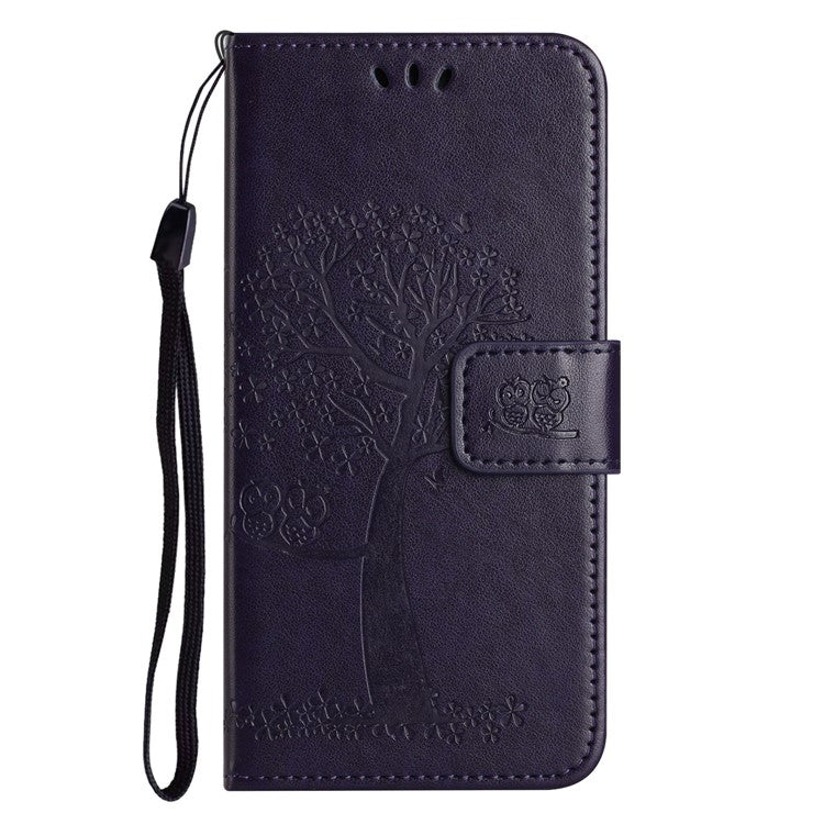 For iPhone 16 Case Wallet PU Leather Protective Phone Cover Owl Tree Pattern - Dark Purple