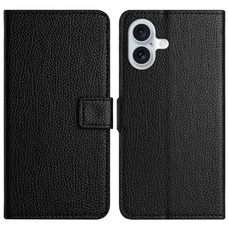 For iPhone 16 Case Litchi Texture PU Leather Wallet Folio Flip Phone Cover - Black