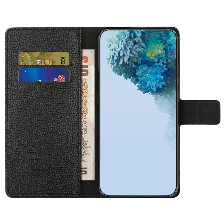 For iPhone 16 Case Litchi Texture PU Leather Wallet Folio Flip Phone Cover - Black