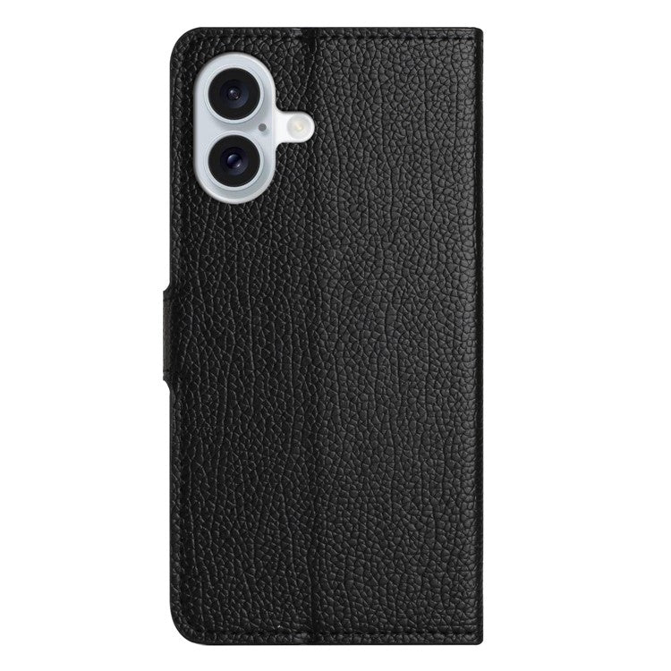 For iPhone 16 Case Litchi Texture PU Leather Wallet Folio Flip Phone Cover - Black