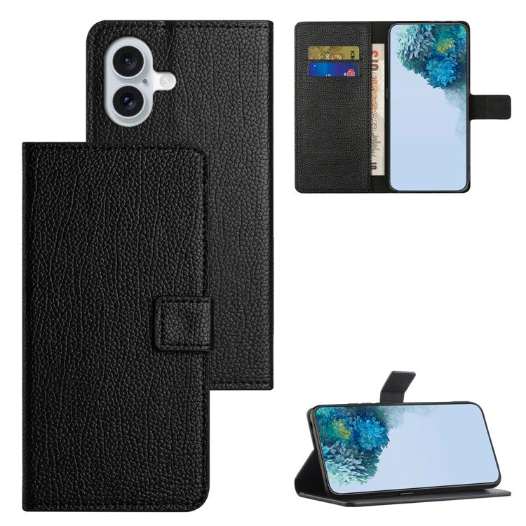 For iPhone 16 Case Litchi Texture PU Leather Wallet Folio Flip Phone Cover - Black