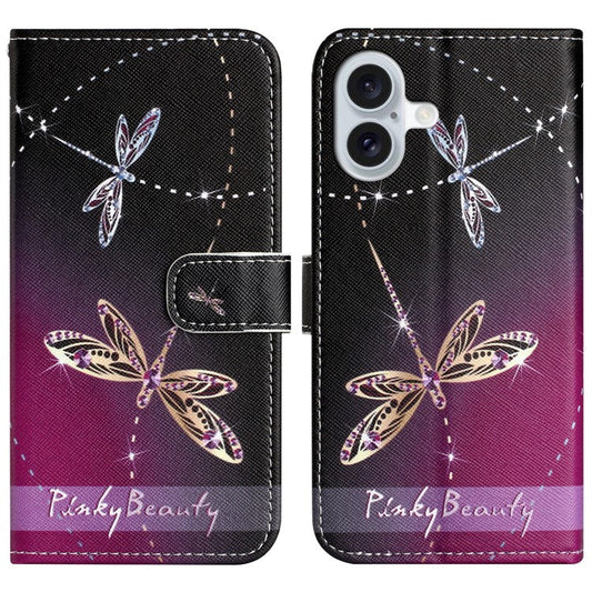 For iPhone 16 Case Pattern Print PU Leather Wallet Phone Cover Cross Texture - Dragonflies