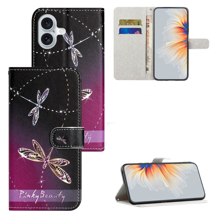 For iPhone 16 Case Pattern Print PU Leather Wallet Phone Cover Cross Texture - Dragonflies