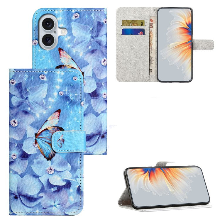 For iPhone 16 Case Pattern Print PU Leather Wallet Phone Cover Cross Texture - Flower and Butterfly