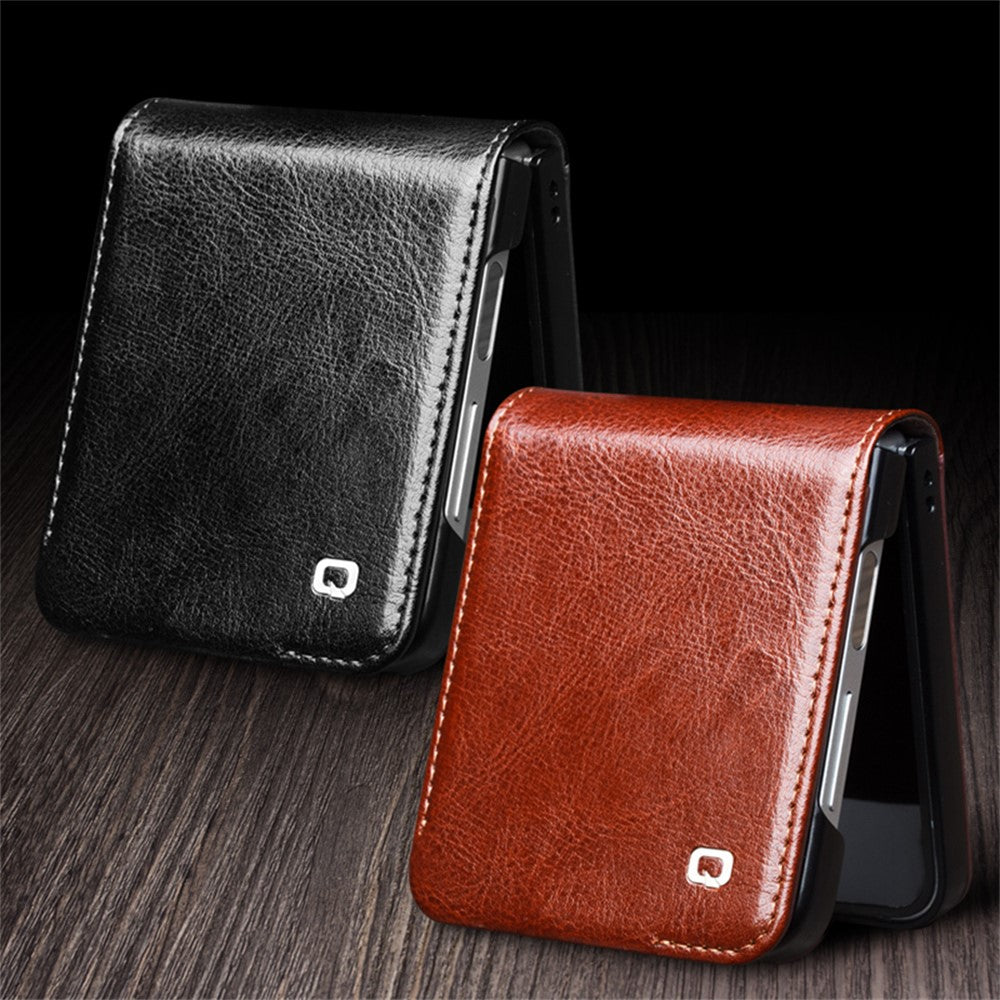 QIALINO For Samsung Galaxy Z Flip7 FE 5G / Z Flip6 5G Case TPU+Genuine Cow Leather Folio Flip Phone Cover - Black