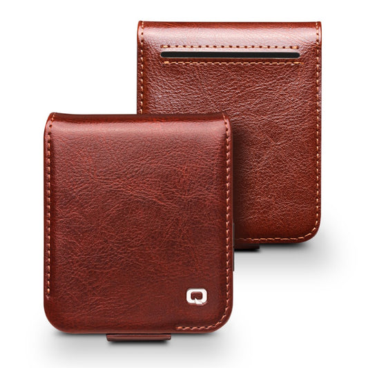 QIALINO For Samsung Galaxy Z Flip7 FE 5G / Z Flip6 5G Case TPU+Genuine Cow Leather Folio Flip Phone Cover - Brown