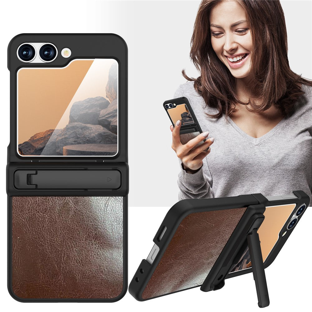 GW181 For Samsung Galaxy Z Flip7 FE 5G / Z Flip6 5G Case Crazy Horse Texture PU+PC Phone Cover with Kickstand - Dark Brown
