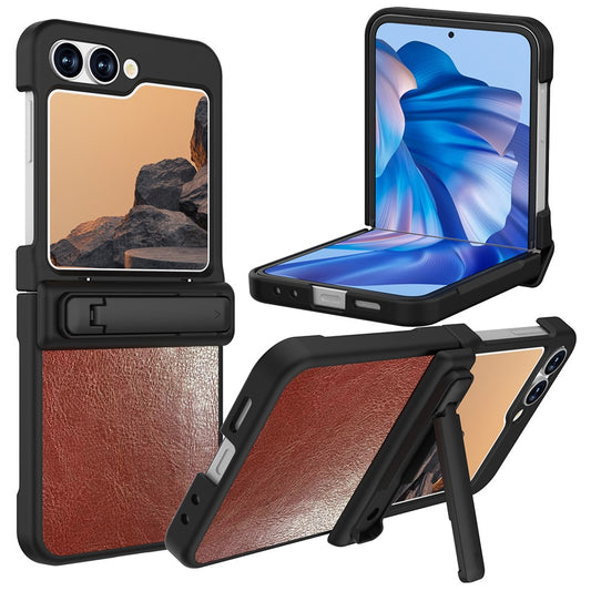 GW181 For Samsung Galaxy Z Flip7 FE 5G / Z Flip6 5G Case Crazy Horse Texture PU+PC Phone Cover with Kickstand - Orange Red