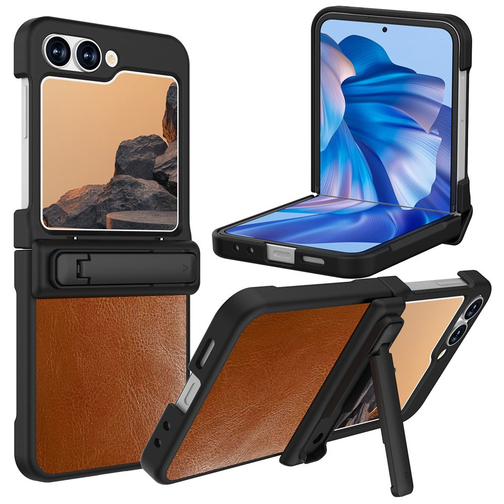 GW181 For Samsung Galaxy Z Flip7 FE 5G / Z Flip6 5G Case Crazy Horse Texture PU+PC Phone Cover with Kickstand - Khaki