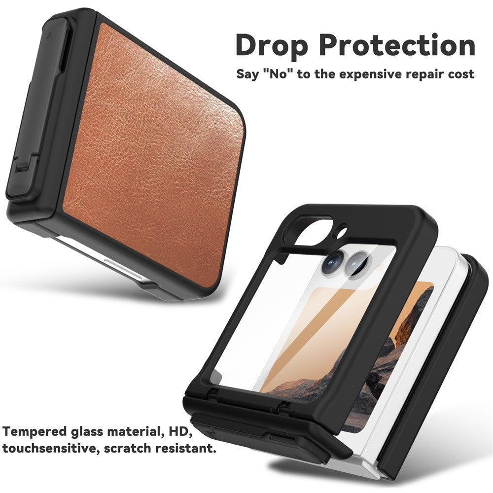 GW181 For Samsung Galaxy Z Flip7 FE 5G / Z Flip6 5G Case Crazy Horse Texture PU+PC Phone Cover with Kickstand - Khaki