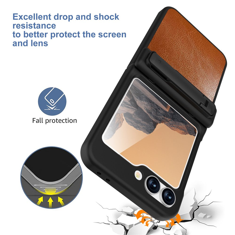 GW181 For Samsung Galaxy Z Flip7 FE 5G / Z Flip6 5G Case Crazy Horse Texture PU+PC Phone Cover with Kickstand - Khaki