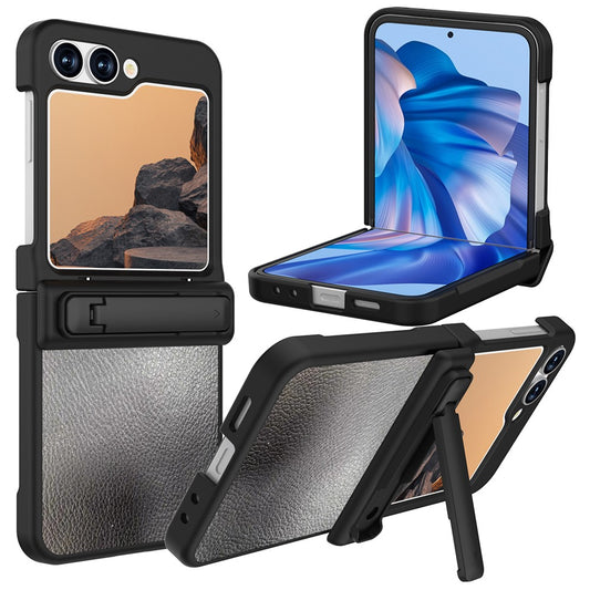 GW181 For Samsung Galaxy Z Flip7 FE 5G / Z Flip6 5G Case Litchi Texture PU+PC Kickstand Phone Cover - Black