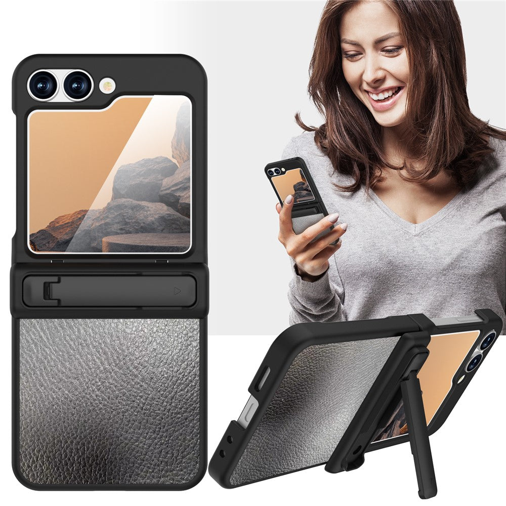 GW181 For Samsung Galaxy Z Flip7 FE 5G / Z Flip6 5G Case Litchi Texture PU+PC Kickstand Phone Cover - Black