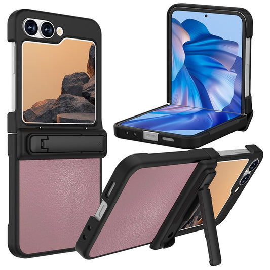 GW181 For Samsung Galaxy Z Flip7 FE 5G / Z Flip6 5G Case Litchi Texture PU+PC Kickstand Phone Cover - Light Pink