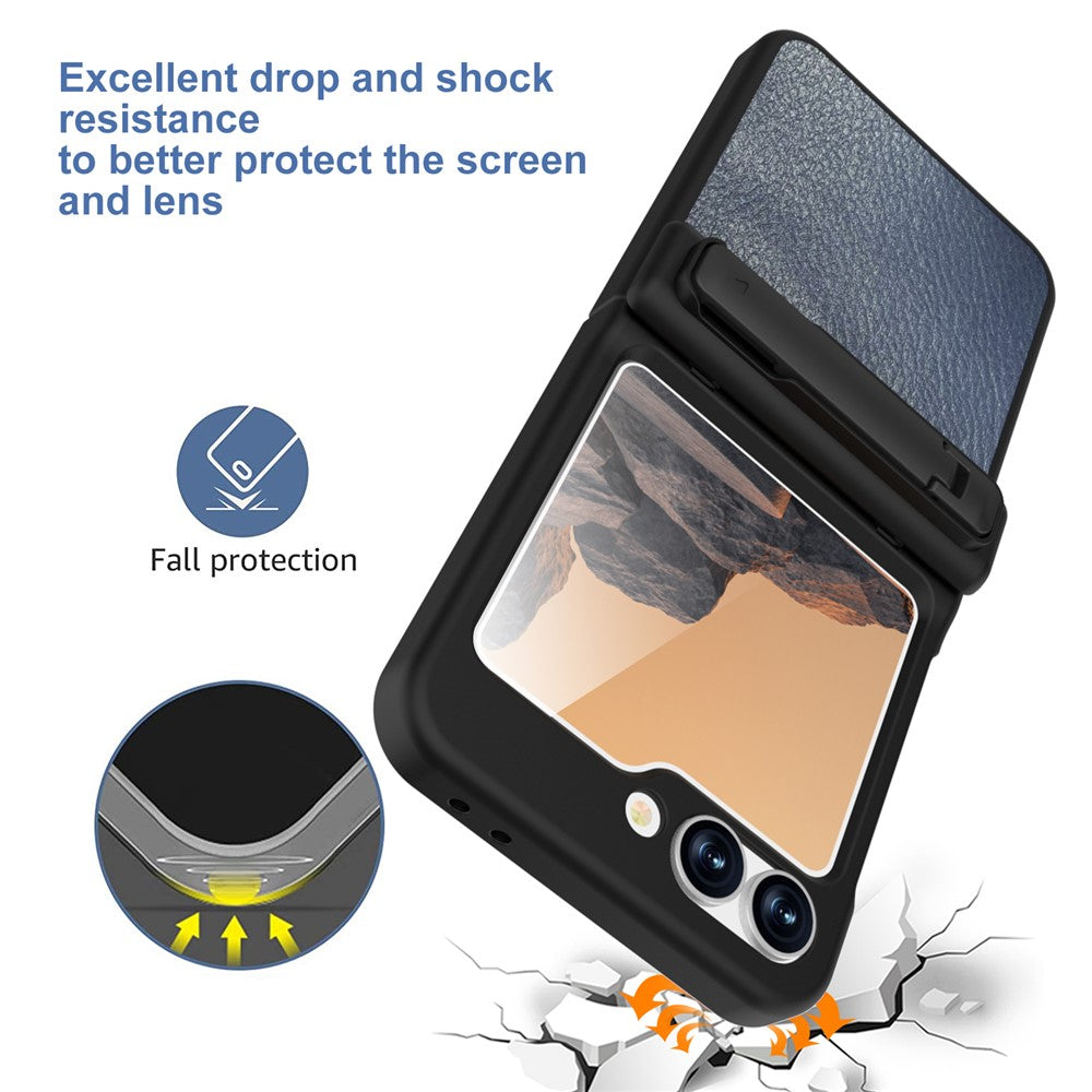 GW181 For Samsung Galaxy Z Flip7 FE 5G / Z Flip6 5G Case Litchi Texture PU+PC Kickstand Phone Cover - Slate Blue