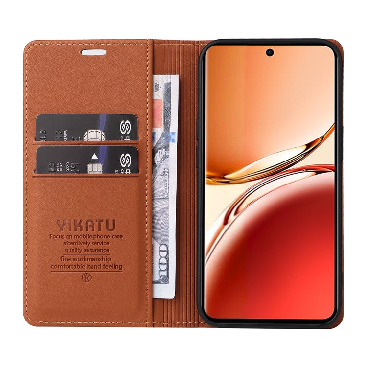 YIKATU YK-001 For Oppo Reno12 F 4G Case Wallet Leather Phone Cover Strong Magnetic Closure - Brown
