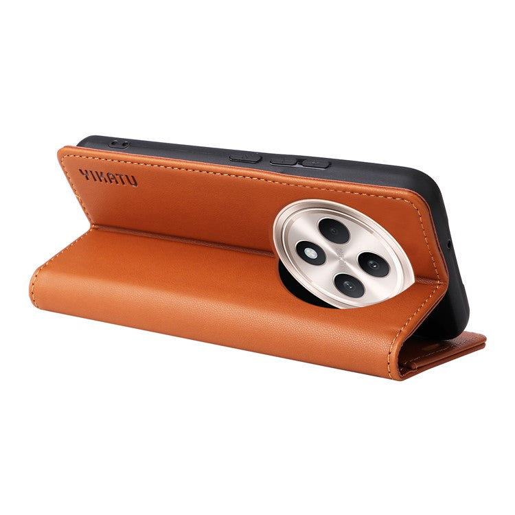 YIKATU YK-001 For Oppo Reno12 F 4G Case Wallet Leather Phone Cover Strong Magnetic Closure - Brown