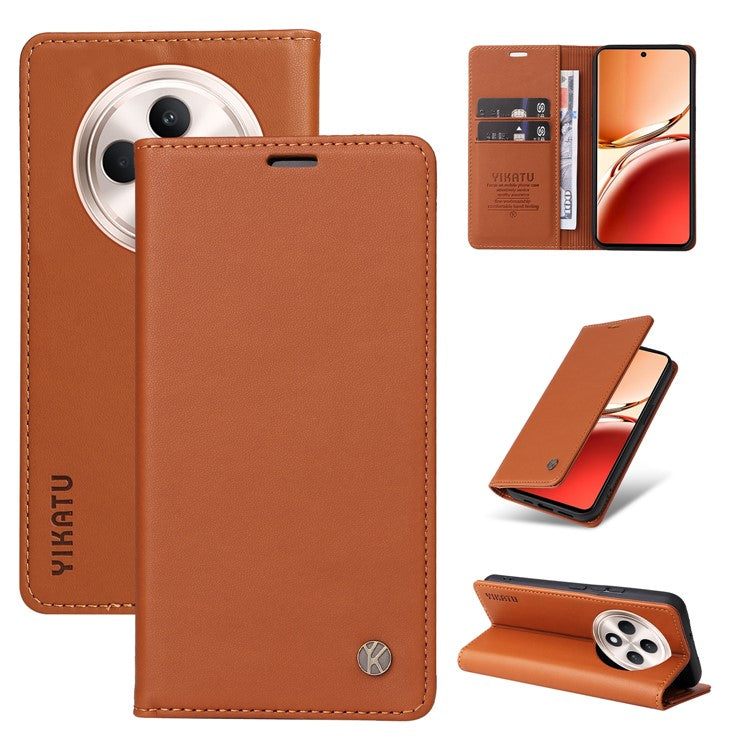YIKATU YK-001 For Oppo Reno12 F 4G Case Wallet Leather Phone Cover Strong Magnetic Closure - Brown