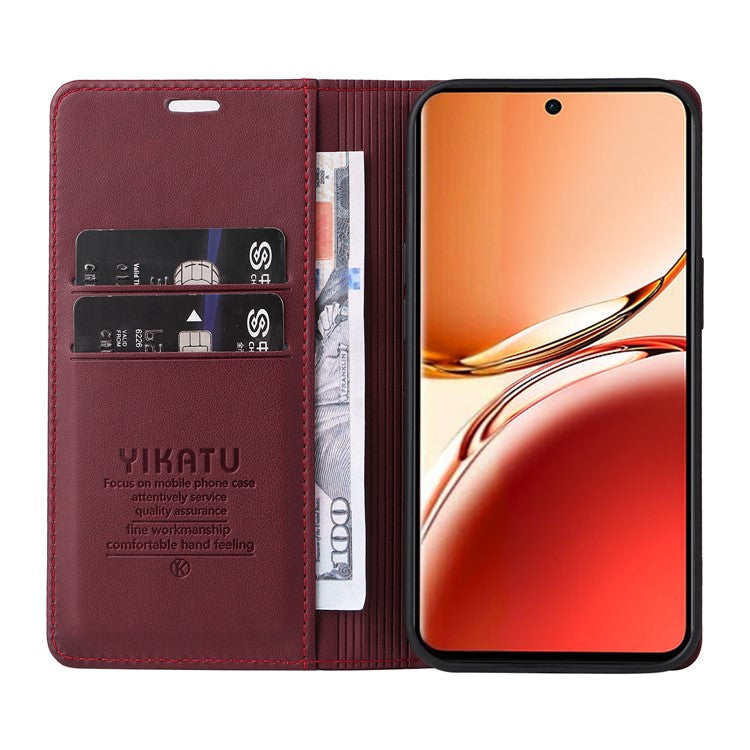 YIKATU YK-001 For Oppo Reno12 F 4G Case Wallet Leather Phone Cover Strong Magnetic Closure - Wine Red