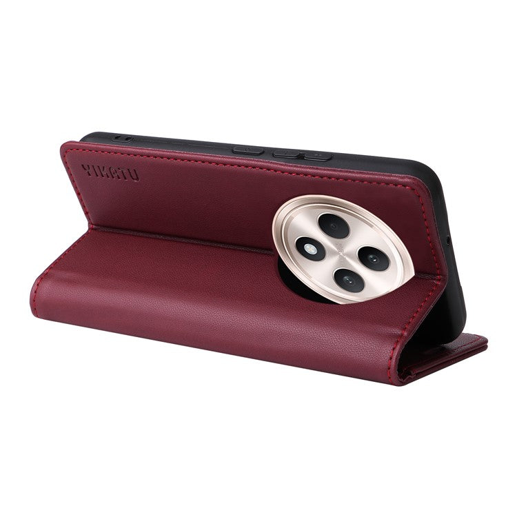 YIKATU YK-001 For Oppo Reno12 F 4G Case Wallet Leather Phone Cover Strong Magnetic Closure - Wine Red