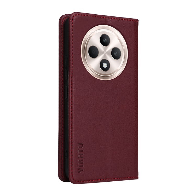 YIKATU YK-001 For Oppo Reno12 F 4G Case Wallet Leather Phone Cover Strong Magnetic Closure - Wine Red