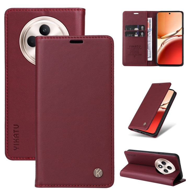 YIKATU YK-001 For Oppo Reno12 F 4G Case Wallet Leather Phone Cover Strong Magnetic Closure - Wine Red