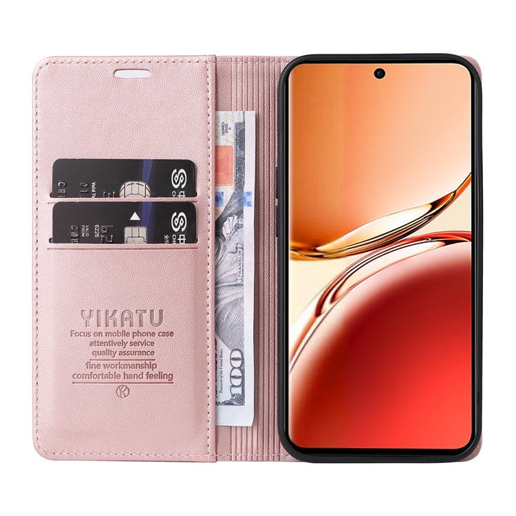 YIKATU YK-001 For Oppo Reno12 F 4G Case Wallet Leather Phone Cover Strong Magnetic Closure - Rose Gold