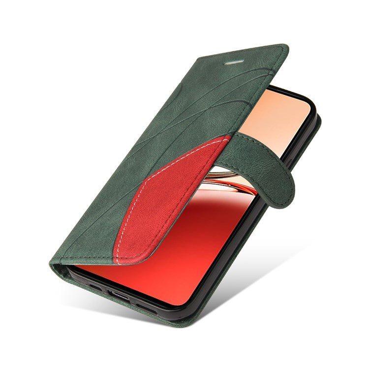 KT Leather Series-1 For Oppo Reno12 F 4G Case Lines Pattern Wallet Phone Cover Color Splicing - Green