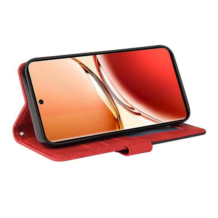 KT Leather Series-1 For Oppo Reno12 F 4G Case Lines Pattern Wallet Phone Cover Color Splicing - Red