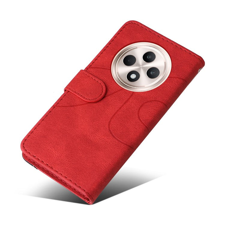 KT Leather Series-1 For Oppo Reno12 F 4G Case Lines Pattern Wallet Phone Cover Color Splicing - Red