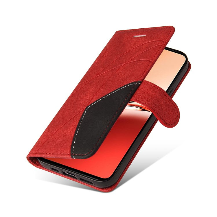 KT Leather Series-1 For Oppo Reno12 F 4G Case Lines Pattern Wallet Phone Cover Color Splicing - Red