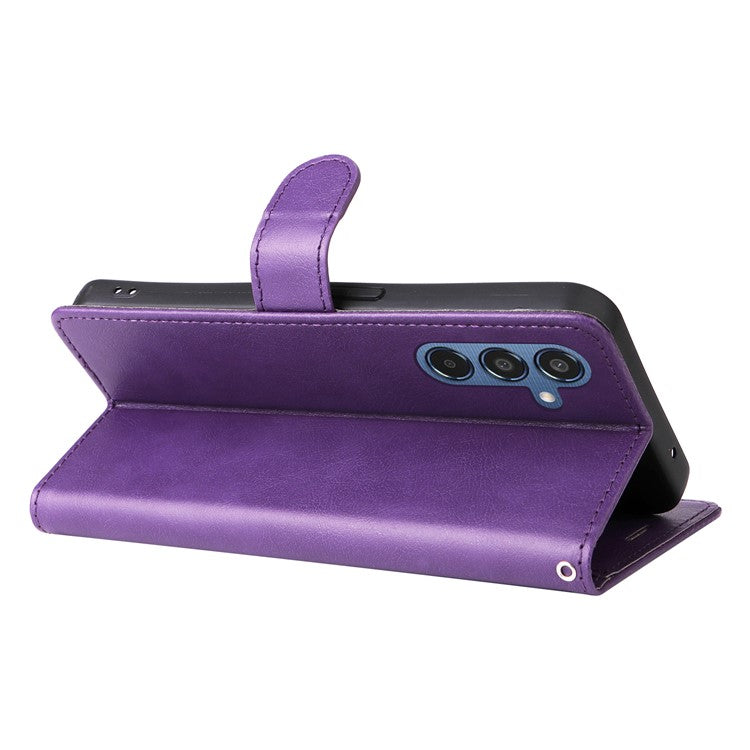 For Samsung Galaxy M35 5G Case Solid Color Leather Mobile Cover Wallet Stand with Strap - Purple