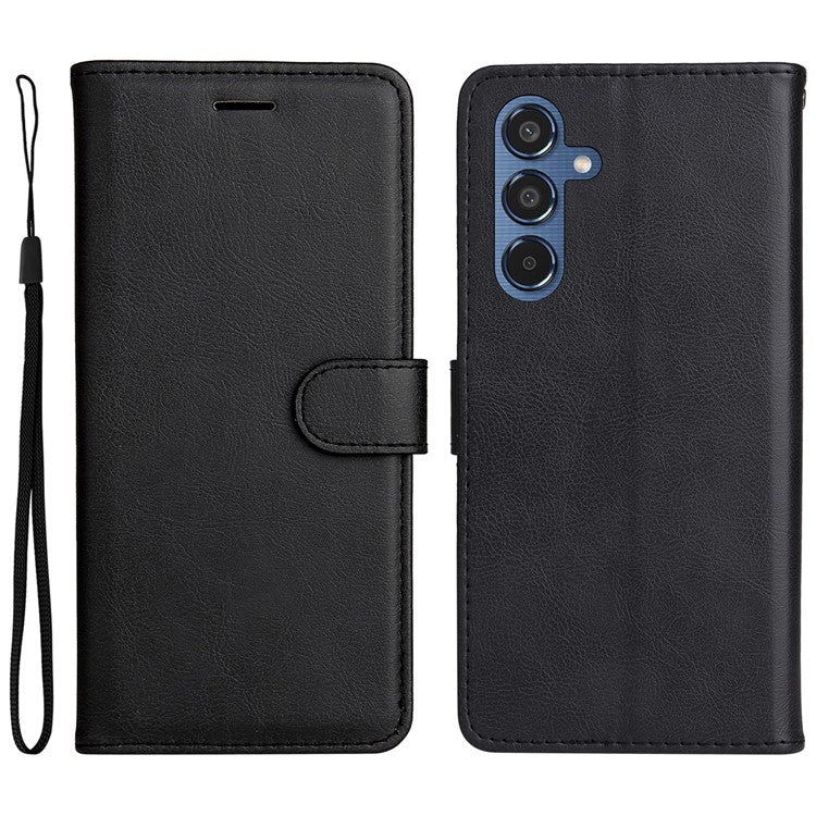 For Samsung Galaxy M35 5G Case Solid Color Leather Mobile Cover Wallet Stand with Strap - Black