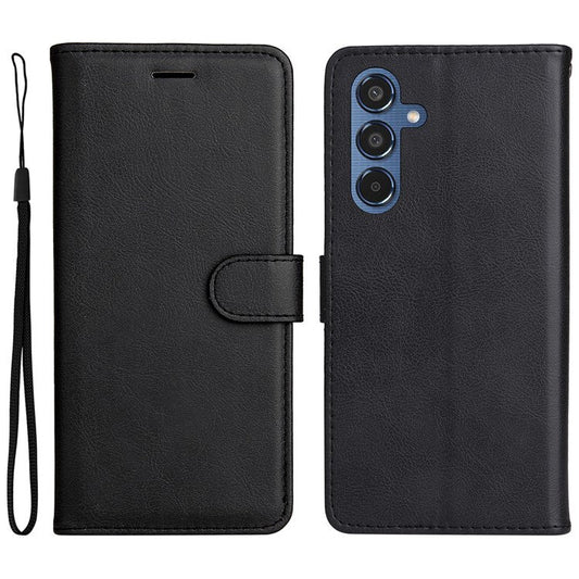 For Samsung Galaxy M35 5G Case Solid Color Leather Mobile Cover Wallet Stand with Strap - Black