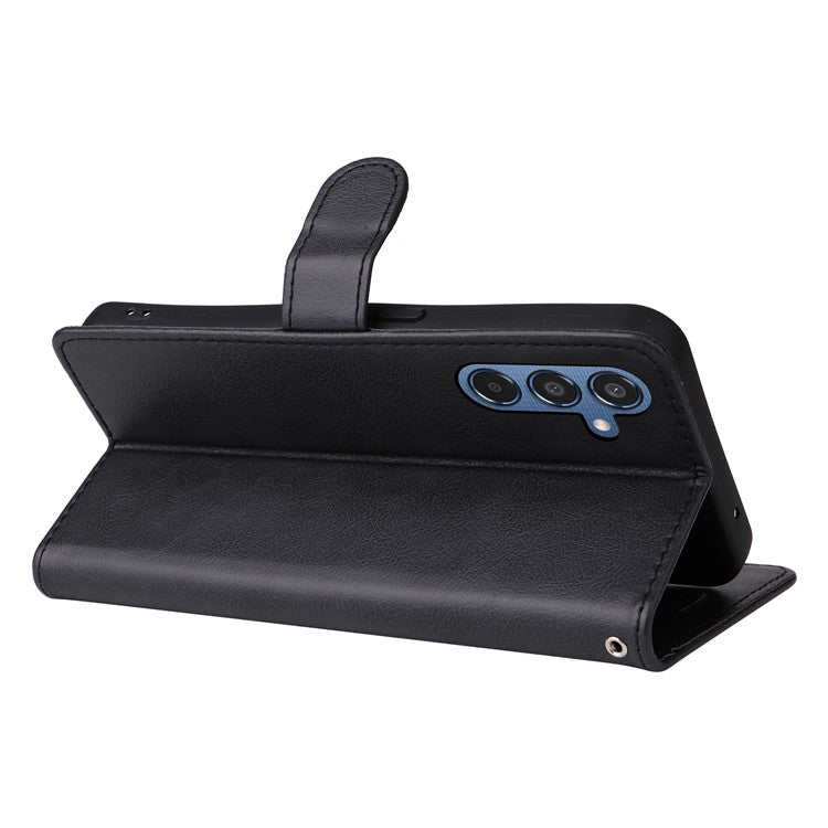 For Samsung Galaxy M35 5G Case Solid Color Leather Mobile Cover Wallet Stand with Strap - Black