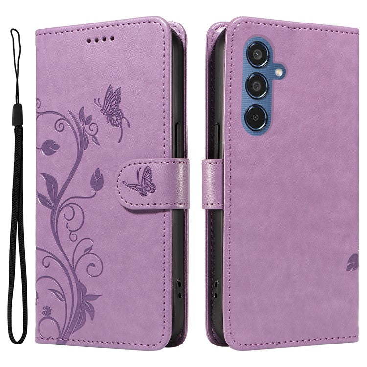 For Samsung Galaxy M35 5G PU Leather Cases Flower Pattern Wallet Stand Phone Cover with Strap - Light Purple