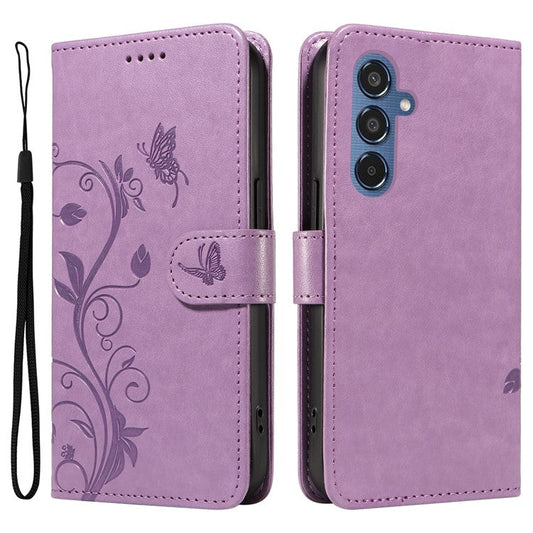 For Samsung Galaxy M35 5G PU Leather Cases Flower Pattern Wallet Stand Phone Cover with Strap - Light Purple