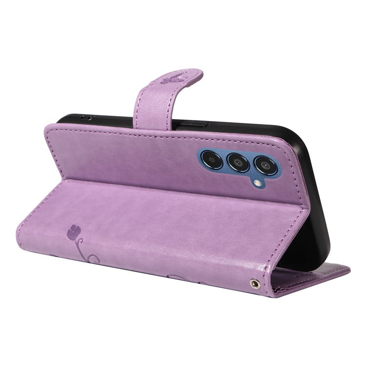 For Samsung Galaxy M35 5G PU Leather Cases Flower Pattern Wallet Stand Phone Cover with Strap - Light Purple