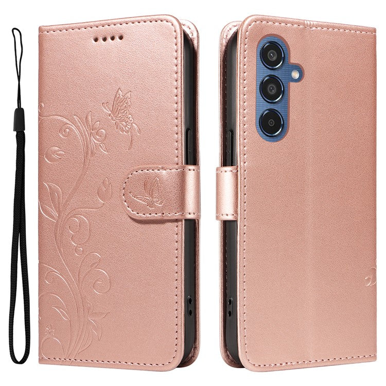 For Samsung Galaxy M35 5G PU Leather Cases Flower Pattern Wallet Stand Phone Cover with Strap - Rose Gold