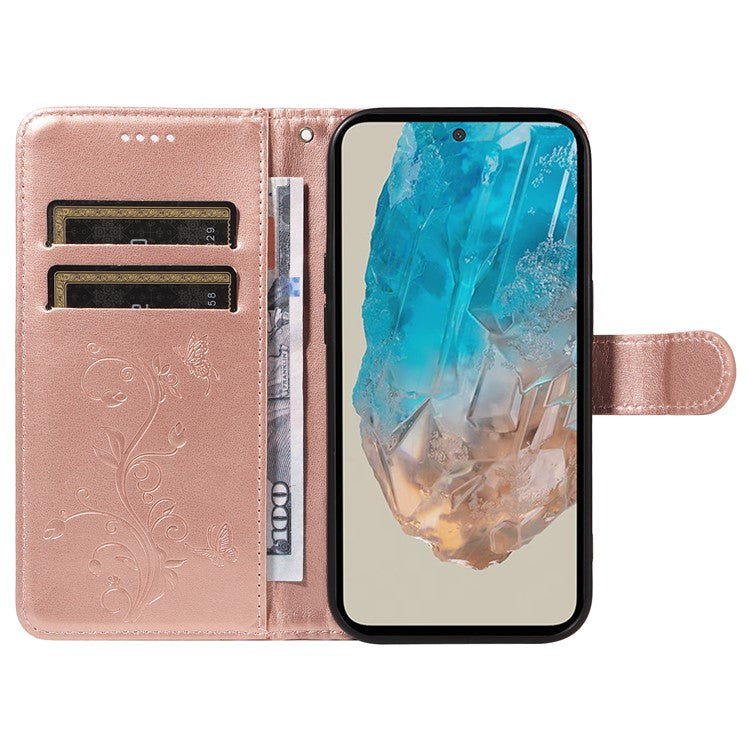 For Samsung Galaxy M35 5G PU Leather Cases Flower Pattern Wallet Stand Phone Cover with Strap - Rose Gold