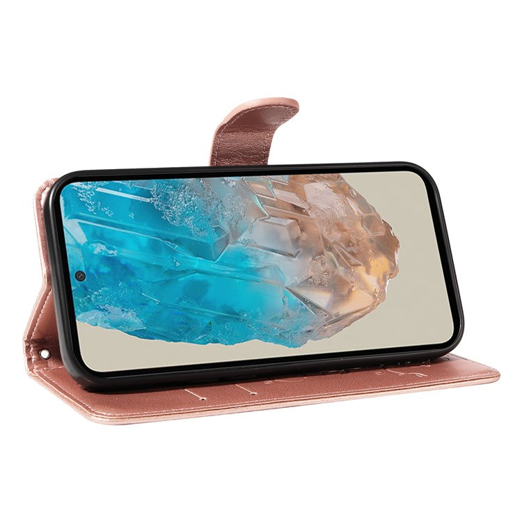 For Samsung Galaxy M35 5G PU Leather Cases Flower Pattern Wallet Stand Phone Cover with Strap - Rose Gold