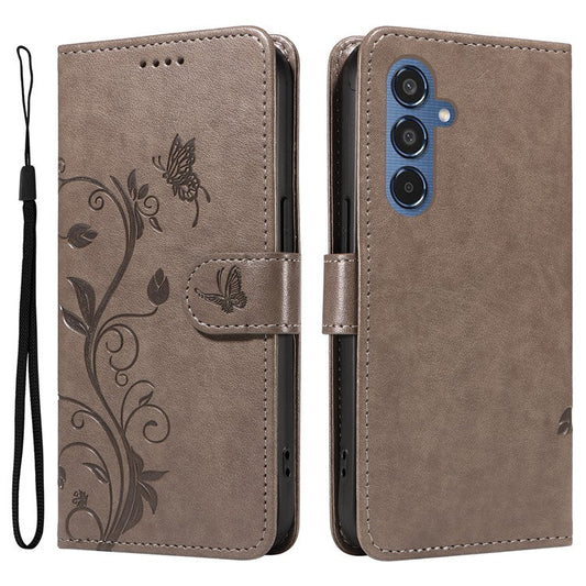 For Samsung Galaxy M35 5G PU Leather Cases Flower Pattern Wallet Stand Phone Cover with Strap - Grey