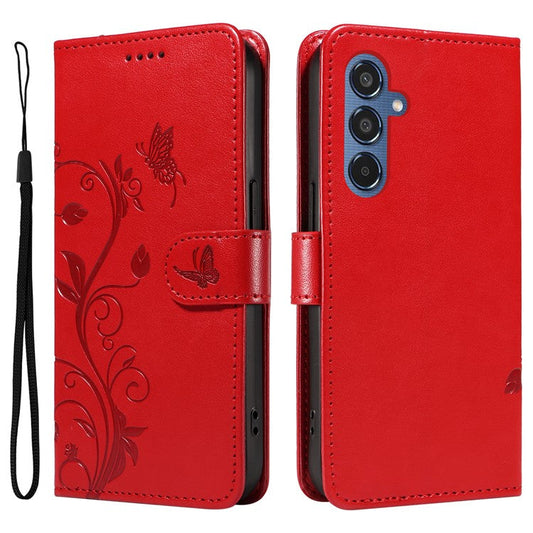 For Samsung Galaxy M35 5G PU Leather Cases Flower Pattern Wallet Stand Phone Cover with Strap - Red
