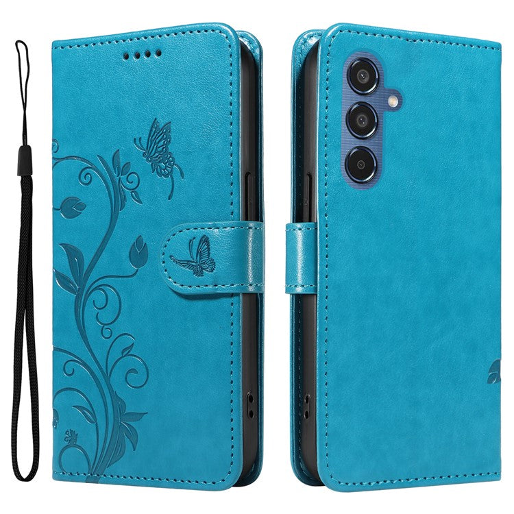 For Samsung Galaxy M35 5G PU Leather Cases Flower Pattern Wallet Stand Phone Cover with Strap - Blue