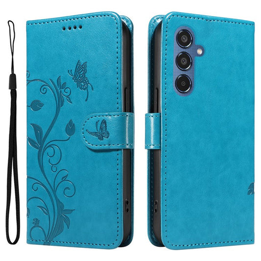 For Samsung Galaxy M35 5G PU Leather Cases Flower Pattern Wallet Stand Phone Cover with Strap - Blue
